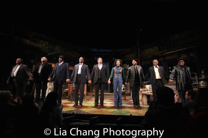 Ray Anthony Thomas, Keith Randolph Smith, Anthony Chisholm, John Douglas Thompson, Brandon J. Dirden, Carra Patterson, André Holland, Michael Potts, Harvy Blanks at the closing night curtain call of August Wilson’s JITNEY at MTC's Samuel J. Friedman Theatre on March 12, 2017. Photo by Lia Chang
